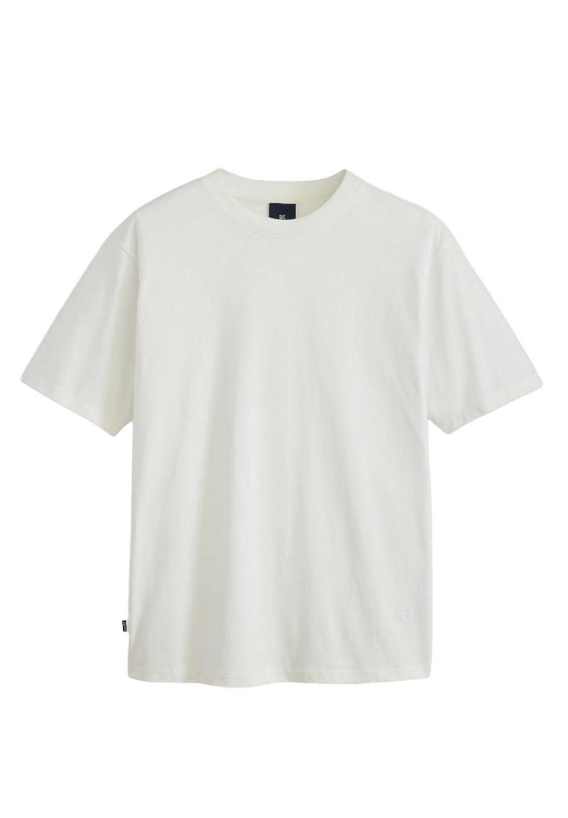 White cotton t-shirt with short sleeves, crew neck, and a relaxed fit. No visible patterns or graphics. Features a small logo on the hem.