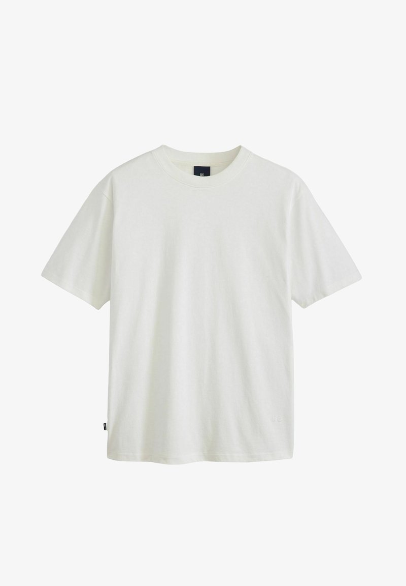White cotton t-shirt with short sleeves, crew neck, and a relaxed fit. No visible patterns or graphics. Features a small logo on the hem.