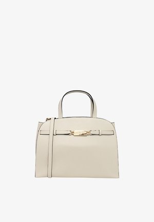 Borsa a tracolla in pelle beige con doppi manici, una tracolla removibile, texture liscia, dettagli in hardware dorato e chiusura a gancio.