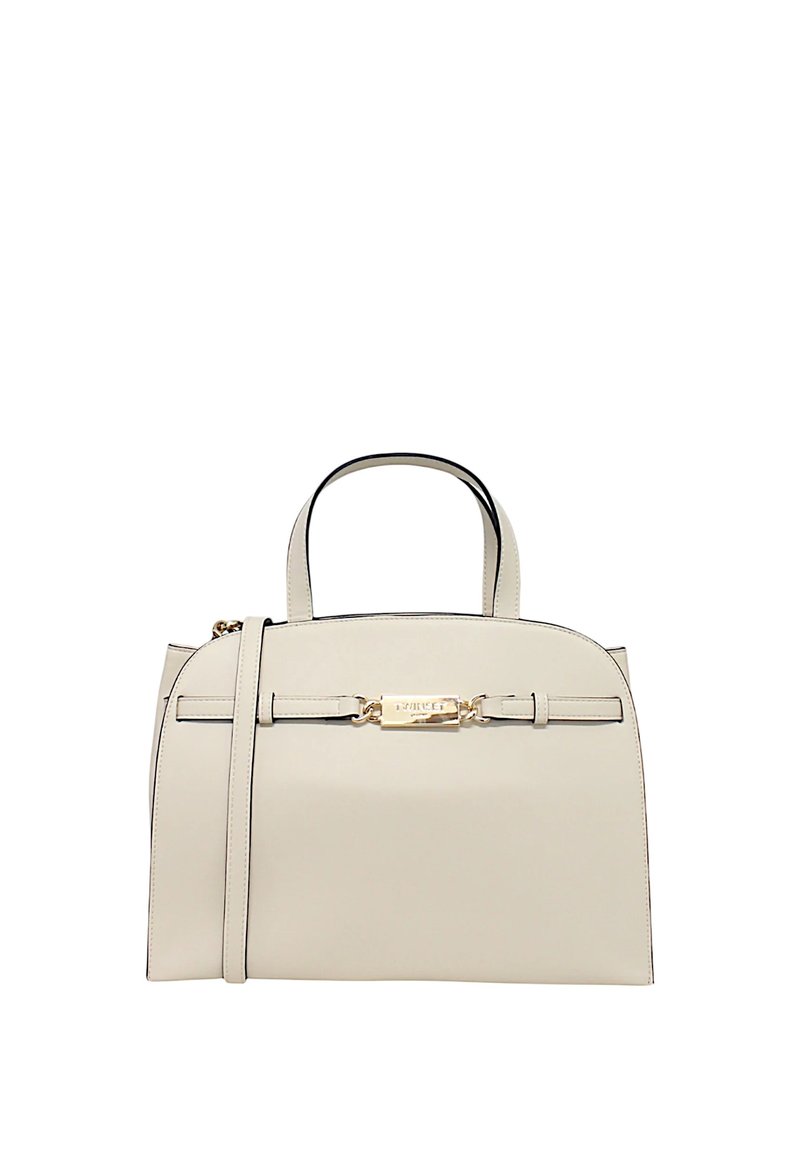 Borsa a tracolla in pelle beige con doppi manici, una tracolla removibile, texture liscia, dettagli in hardware dorato e chiusura a gancio.
