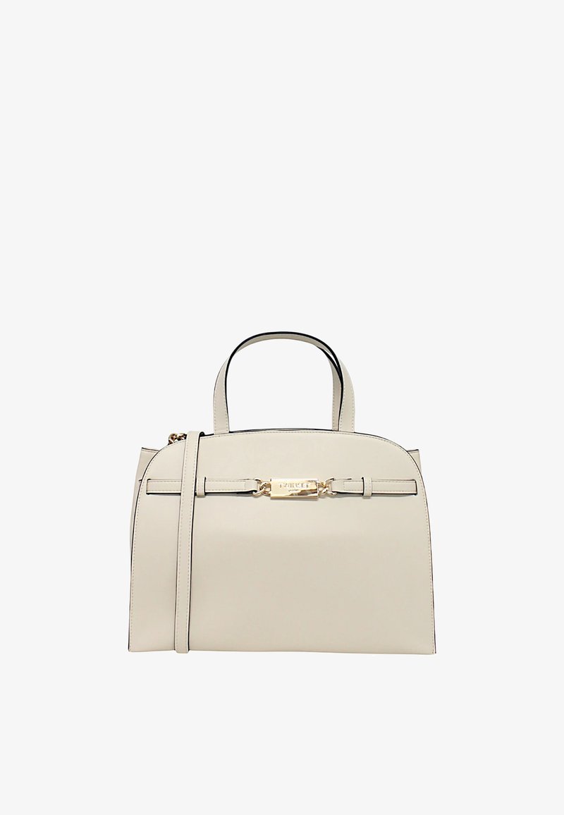 Borsa a tracolla in pelle beige con doppi manici, una tracolla removibile, texture liscia, dettagli in hardware dorato e chiusura a gancio.