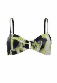 Bikini viršus su sukta dizainu žaliai, juodai ir baltai. Reguliuojamos petnešos ir auksinės spalvos vidurinė užsegimo detalė. Lygi, elastinė medžiaga.