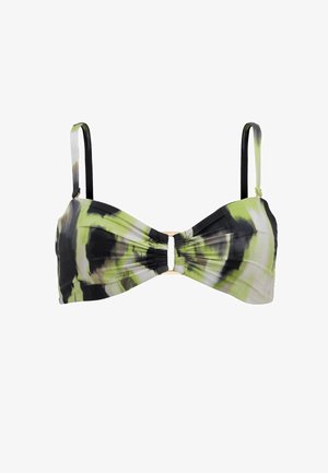 Bikini top s krouceným designem v zelené, černé a bílé barvě. Nastavitelné ramínka a detail s centrálním zlatým uzávěrem. Hladká, elastická látka.