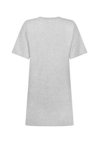 Graues Baumwoll-T-Shirt mit kurzen Ärmeln, runden Halsausschnitt und lockerer Passform. Glatte Textur, minimalistisches Design, keine sichtbaren Markenzeichen oder Muster.