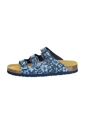 Blue sandal with three adjustable buckled straps featuring a white floral pattern and cork footbed with black sole.