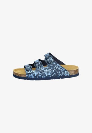 Blue sandal with three adjustable buckled straps featuring a white floral pattern and cork footbed with black sole.