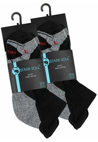 Calze sportive alla caviglia in nero e grigio, con tessuto testurizzato, punta e tallone rinforzati, e taglia contrassegnata con una L rossa su una calza.