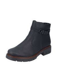 Bottines en cuir noir à surface texturée, sangle décorative avec détail en chaîne et semelle en caoutchouc avec un motif de semelle texturé.