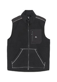 Black fleece vest with high collar, front zipper, and two large side pockets. Features a small zippered pocket on the chest. White stitching accents.