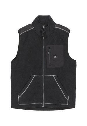 Chaleco de forro polar negro con cuello alto, cremallera frontal y dos grandes bolsillos laterales. Cuenta con un pequeño bolsillo con cremallera en el pecho. Acentos de costura blanca.