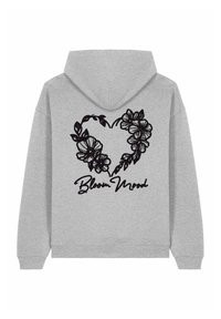 Felpa grigia con un design a forma di cuore floreale nera sul retro, con la scritta "Bloom Mood" in un font di scrittura casuale. Tessuto morbido e vestibilità comoda.