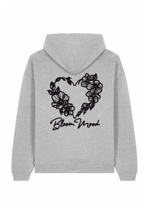 Sweat à capuche gris avec un design de cœur floral noir au dos, arborant le texte "Bloom Mood" dans une police de script décontractée. Tissu doux et coupe décontractée.