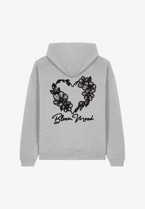 Felpa grigia con un design a forma di cuore floreale nera sul retro, con la scritta "Bloom Mood" in un font di scrittura casuale. Tessuto morbido e vestibilità comoda.