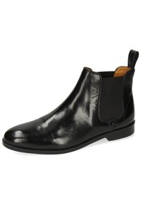 Botas Chelsea de cuero negro con un acabado liso y brillante, paneles laterales elásticos y una lengüeta en la parte posterior. Suela de goma de perfil bajo.