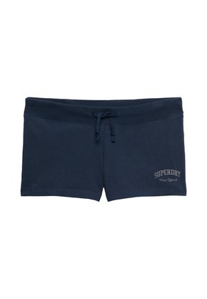 Navyblauwe casual korte broek met trekkoord in de taille en "Superdry New York" logo aan de onderkant links.
