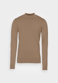 Light brown knitted sweater with a high neck, long sleeves, and ribbed cuffs and hem. Smooth texture and fitted design.