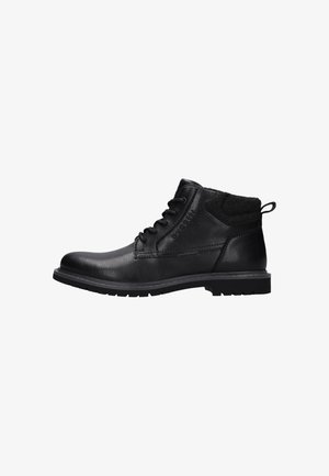 Black leather lace-up ankle boot with textured fabric collar and ridged rubber sole, side embossed with brand name "bugatti".