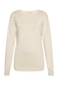 Beiger Pullover mit langen Ärmeln, rundem Halsausschnitt und dekorativen Knopfakzenten an der Schulter. Weicher, glatter Stoff und klassischer Schnitt.