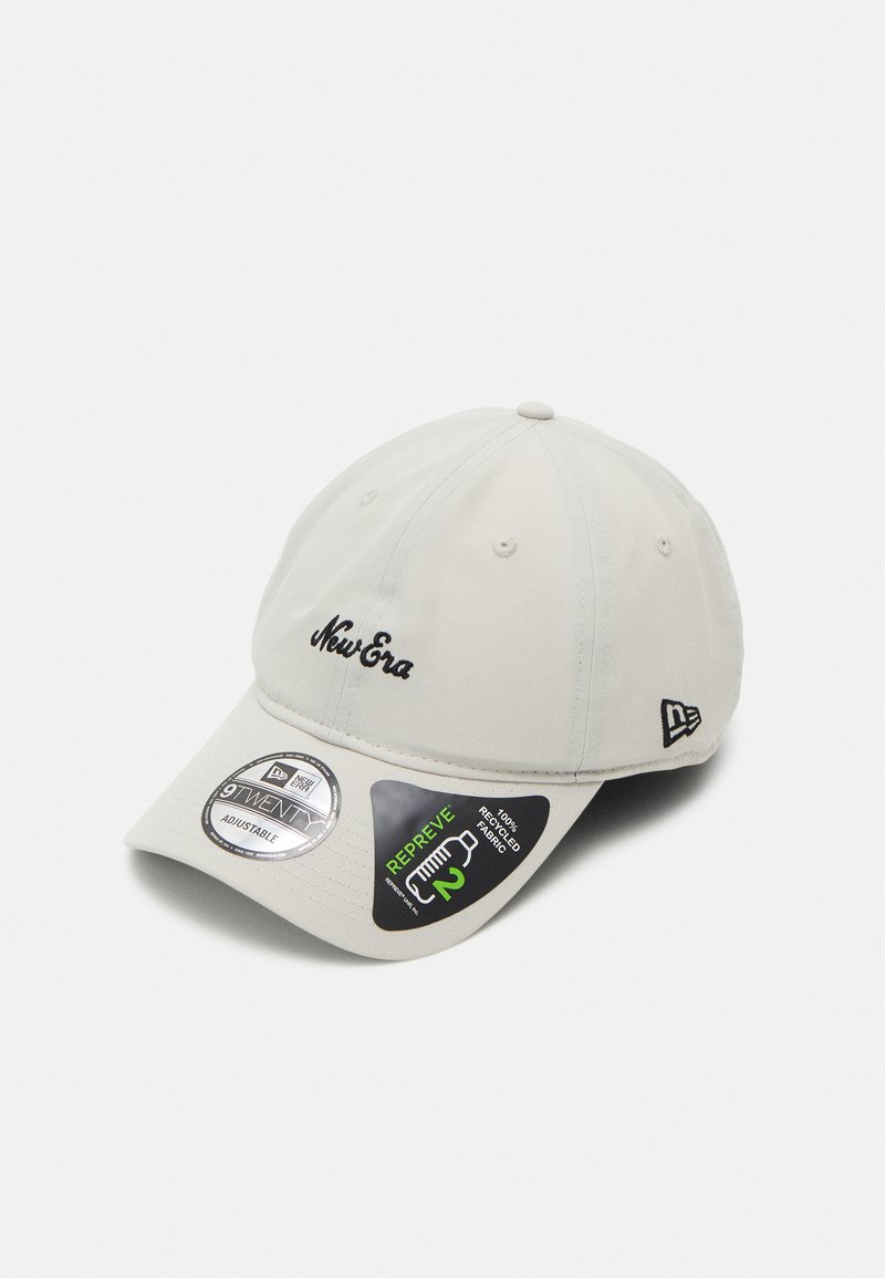 Adjustable light grey baseball cap with a curved brim. Features embroidered "New Era" logo, tags for size and sustainability, and a vented design.
