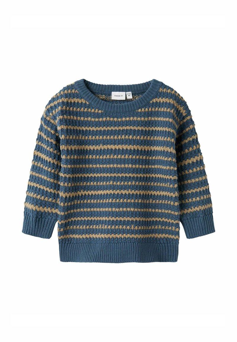 Pull tricoté à rayures bleues et beiges avec manches longues, poignets et ourlet côtelés, adapté aux enfants.