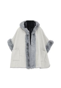 Šedý a bílý vzor houndstooth pončo s měkkou umělou kožešinou na kapuci a okrajích. Obsahuje dvě velké kapsy a široké rukávy. Lze prát v pračce.