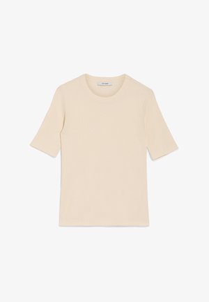 Cremefarbenes Kurzarm-T-Shirt aus weichem, strukturiertem Stoff mit rundem Halsausschnitt. Flache Nähte und eine lockere Passform. Markenetikett innen sichtbar.