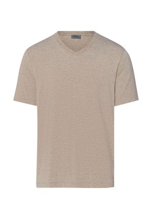 Beżowa koszulka z krótkim rękawem i dekoltem w serek, o subtelnej fakturze, z małą metką przy szyi z napisem "HANKO".