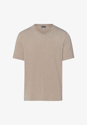 T-shirt beige a maniche corte con scollo a V e trama sottile, con una piccola etichetta sul collo con la scritta "HANKO".