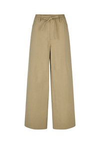 Beige wide-leg trousers with a high waist, drawstring tie, and two side pockets, made from a smooth, lightweight fabric.