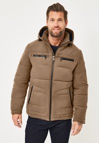 Brown padded jacket with a zip front, two zippered chest pockets, two side pockets, and a hood, featuring contrasting darker inner lining.
