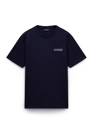 Marineblauwe katoenen T-shirt met een ronde hals en korte mouwen, voorzien van een kleine logoprint op de linkerborst in contrasterend blauw.