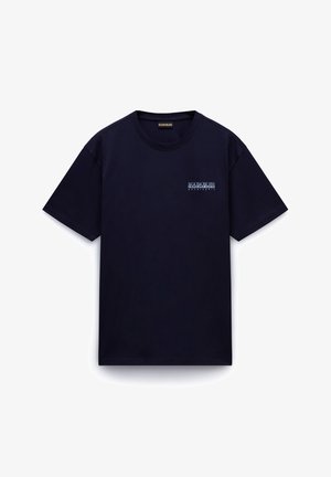 Marineblauwe katoenen T-shirt met een ronde hals en korte mouwen, voorzien van een kleine logoprint op de linkerborst in contrasterend blauw.