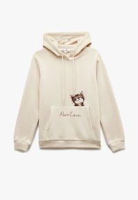 Sudadera beige hecha de una tela suave, con un bolsillo frontal tipo bolsa, un gráfico bordado de un gato y un texto en cursiva que dice "PurrLove."