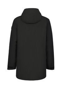 Zwarte hoodie parka jas, heeft een rechte snit, lange mouwen en klittenbandsluitingen bij de mouwen. De stof is glad zonder zichtbare patronen of accenten.