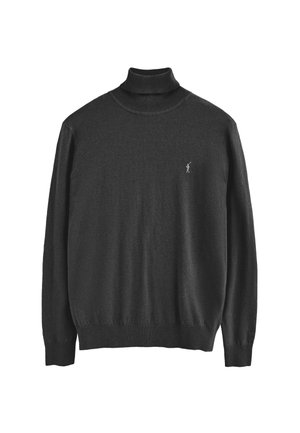 Dunkelgrauer Rollkragenpullover aus weichem Stoff. Verfügt über gerippte Bündchen und Saum sowie ein kleines, auf der Brust besticktes Logo.