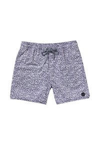 Patterned swim shorts featuring a gray floral design, elastic waistband with drawstring, and a small logo patch on the lower right side.
