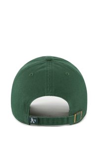 Grüne Baseballkappe mit verstellbarem Riemen, aus strukturiertem Stoff, mit runder Krone und einem Logopatch auf der Rückseite. Auffällige goldene Hardware.