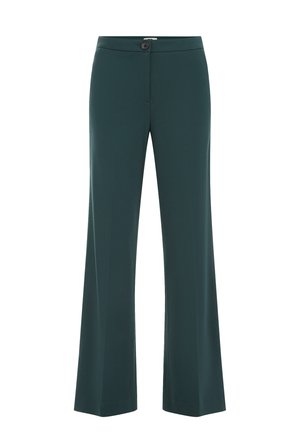 Dark green flared pants made of smooth fabric, featuring a single button closure and standard pockets on the front.