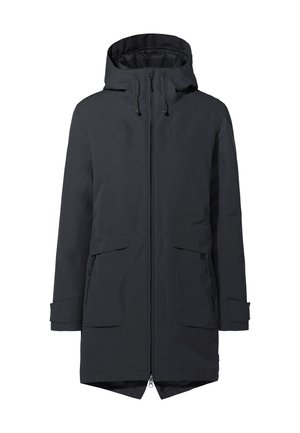 Parka nera, impermeabile, con cappuccio, chiusura frontale con zip, due grandi tasche frontali e polsini regolabili. Tessuto liscio con design minimalista.