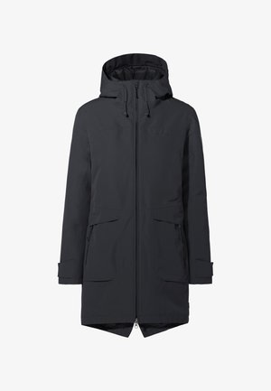 Parka nera, impermeabile, con cappuccio, chiusura frontale con zip, due grandi tasche frontali e polsini regolabili. Tessuto liscio con design minimalista.