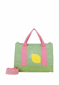 Sac fourre-tout en tissu vert avec des poignées roses, orné d'un motif brodé de citron jaune. Comprend une bandoulière rose amovible avec du texte.