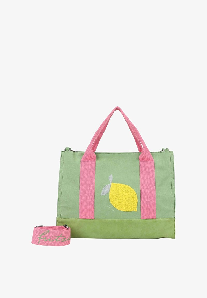 Sac fourre-tout en tissu vert avec des poignées roses, orné d'un motif brodé de citron jaune. Comprend une bandoulière rose amovible avec du texte.