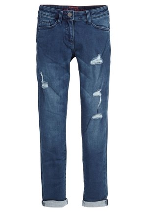 Blue denim jeans with rolled cuffs and distressed patches on front legs, featuring front pockets and a button closure waistband.
