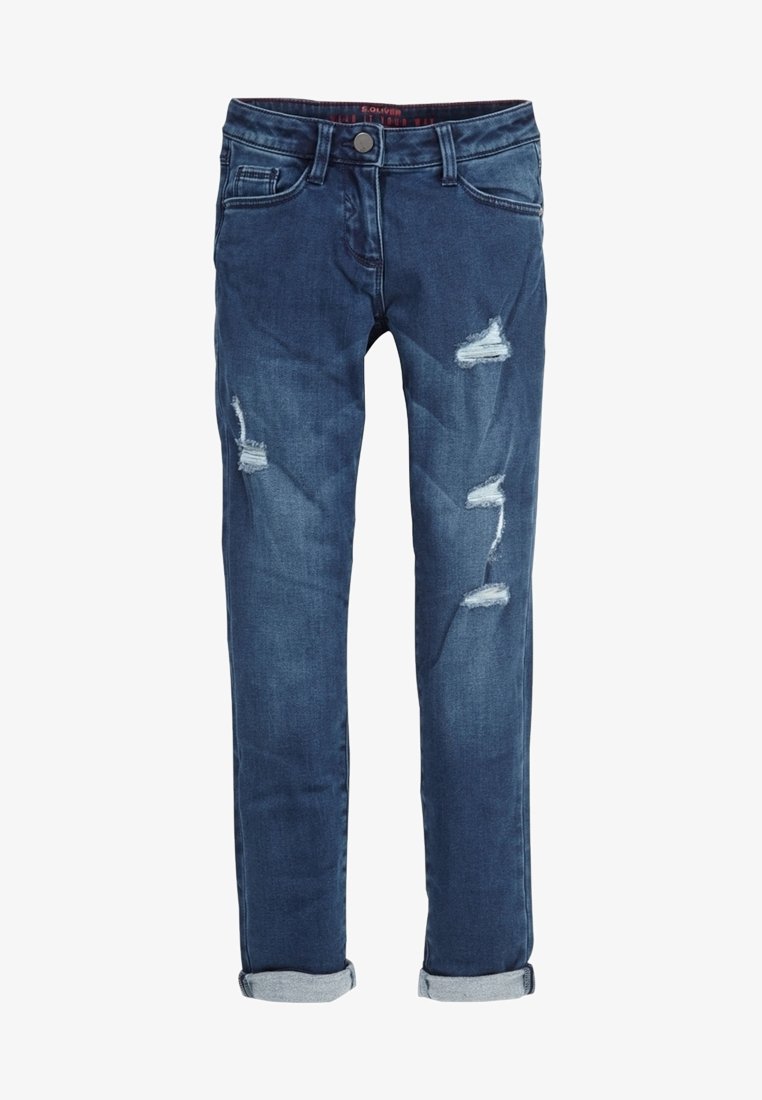 Jean en denim bleu avec des poignets retroussés et des patches déchirés sur l'avant des jambes, comportant des poches avant et une taille à fermeture par bouton.