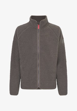 Mikina z fleecu v tmavě šedé barvě s texturovaným povrchem, plným zipem vpředu, stojacím límcem a kontrastním růžovým táhlem na zip. Obsahuje raglánové rukávy.