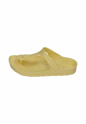 Yellow rubber slip-on sandal with toe post and adjustable side buckle strap, featuring textured sole for grip, isolated on white background.