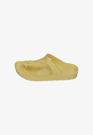 Yellow rubber slip-on sandal with toe post and adjustable side buckle strap, featuring textured sole for grip, isolated on white background.