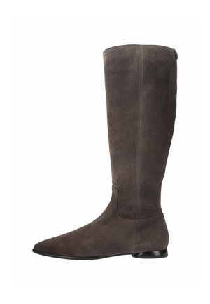 Botte haute en daim marron foncé avec bout pointu et petit talon noir, vue de profil sur fond blanc.