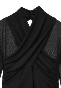 Haut noir transparent à manches longues avec un devant style portefeuille et une petite ouverture en forme de trou de serrure à l'arrière du décolleté.
