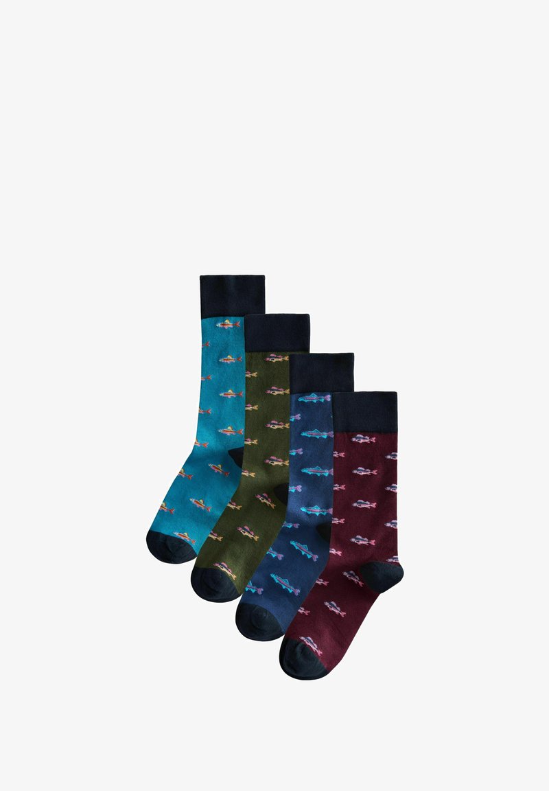 Set aus vier gemusterten Socken in Blau, Grün und Maroon mit dunklen Bündchen. Jede Socke zeigt kleine Fischillustrationen in kontrastierenden Farben.